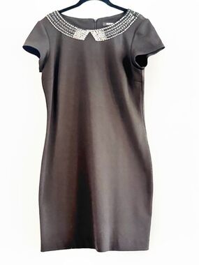Ellen Tracy Black Mini Dress with Embellished Beaded Neckline Size 8